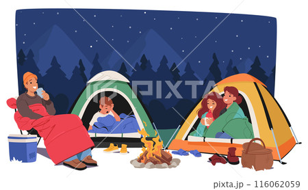 Family Enjoys A Cozy Night Camping Under A Starry Sky With Two Tents And A Campfire. People Relaxing And Drinking 116062059