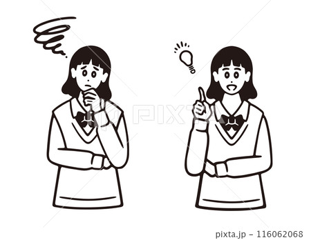 悩む ひらめく 女子学生のイラストセット 線画 悩む ひらめく 女子学生のイラストセット 線画 116062068