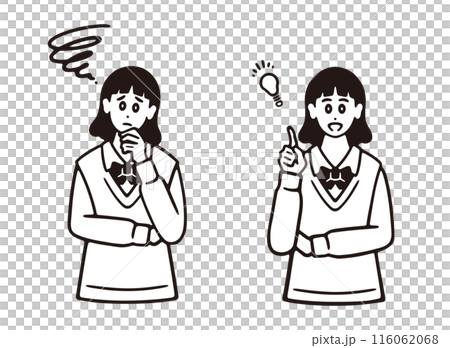 悩む ひらめく 女子学生のイラストセット 線画 悩む ひらめく 女子学生のイラストセット 線画 116062068