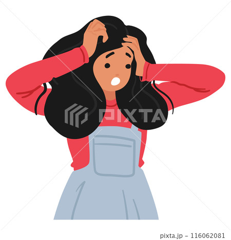 Cartoon Woman With A Shocked Expression, Holding Her Head In Panic. Female Character Wears A Red Long-sleeve Shirt 116062081
