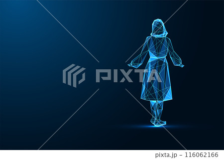Abstract woman silhouette back view, standing with hands spread isolated dark blue background Abstract woman silhouette back view, standing with hands spread isolated dark blue background 116062166
