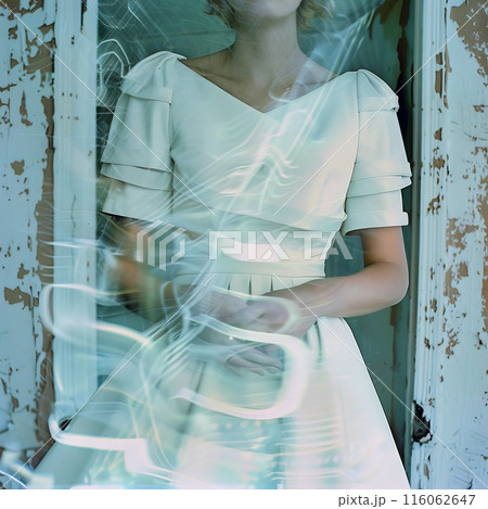 Vintage portrait of a woman in a white dress with ethereal light effects in a dreamy atmosphere 116062647
