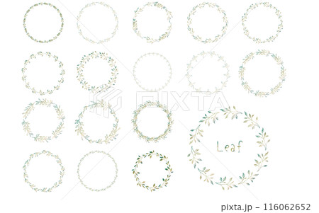 円形の葉っぱと花のセット。(緑のグラデーション) 円形の葉っぱと花のセット。(緑のグラデーション) 116062652