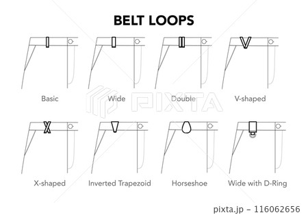 Set of Pants Belt Loops details - Basic, Wide, Double, V X shaped styles technical fashion illustration. Flat apparel Set of Pants Belt Loops details - Basic, Wide, Double, V X shaped styles technical fashion illustration. Flat apparel 116062656