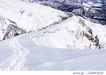 長野県白馬村 北アルプスの小遠見山 雪山登山 小遠見山の山頂から見る二ノ背のトレースと雪庇 長野県白馬村 北アルプスの小遠見山 雪山登山 小遠見山の山頂から見る二ノ背のトレースと雪庇 116063038