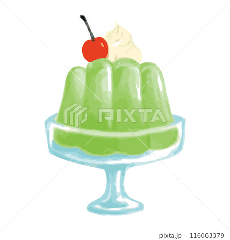 昭和レトロの喫茶店に出そうなさくらんぼの乗ってる緑のゼリーのイラスト 116063379