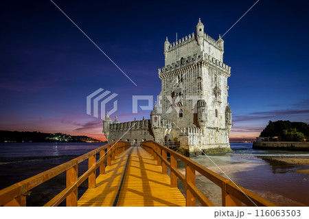 Belem Tower on the bank of the Tagus River in twilight. Lisbon, Portugal Belem Tower on the bank of the Tagus River in twilight. Lisbon, Portugal 116063503