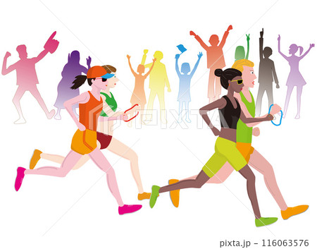 視覚障害者がマラソン大会を走っているイラストです。ガイドランナーが一緒に走っています。 視覚障害者がマラソン大会を走っているイラストです。ガイドランナーが一緒に走っています。 116063576
