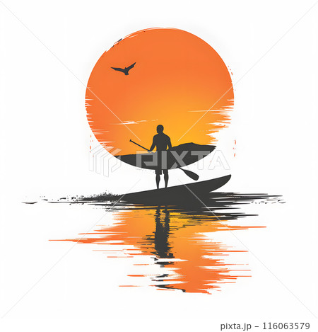 A man in a boat on the lake at sunset, surrounded by the soothing colors of dusk 116063579