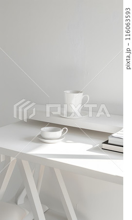 A white desk adorned with dishware, books, and a cup of coffee 116063593