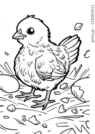 a black and white drawing of a baby chicken standing next to an egg 116063611