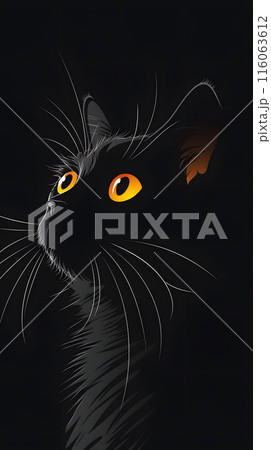 A black felidae with yellow eyes gazes upward in darkness 116063612