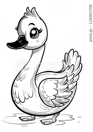 A black and white cartoon drawing of a duck with a large beak 116063706