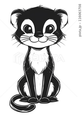 Cartoon art of cat with whiskers, sitting down, white background 116063708