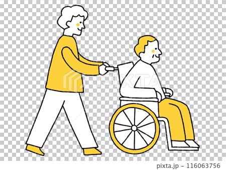 Son pushing his father's wheelchair Son pushing his father's wheelchair 116063756