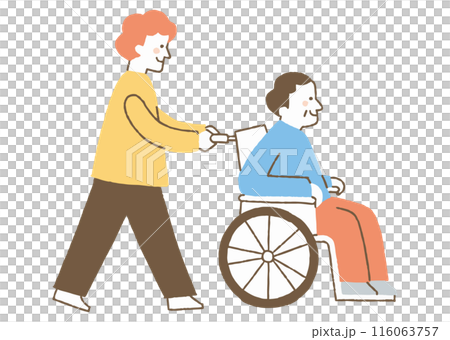 Son pushing his father's wheelchair_color Son pushing his father's wheelchair_color 116063757