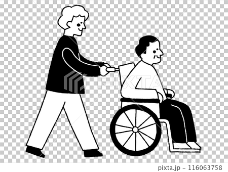 Son pushing his father's wheelchair_2 Son pushing his father's wheelchair_2 116063758