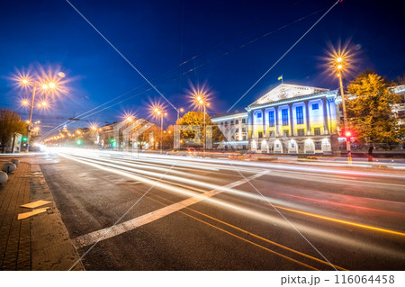 Town hall building at night in Zaporizhia, Ukraine Town hall building at night in Zaporizhia, Ukraine 116064458