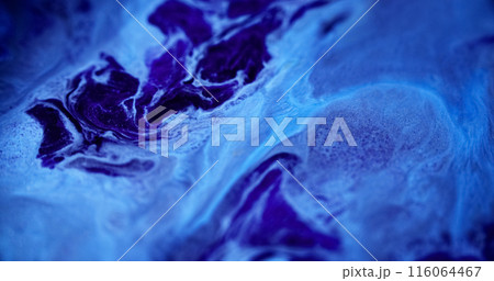 Fluid splash. Paint flow. Defocused cold blue color glowing acrylic ink water emulsion spill wave creative abstract art background. 116064467