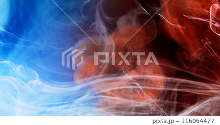 Color smoke. Paint water splash. Defocused red blue vapor cloud glitter particles texture ink mix floating abstract art background. 116064477