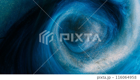 Glitter mist. Ink swirl. Defocused blue black golden color vapor cloud shiny particles texture paint floating in water abstract art background. 116064958