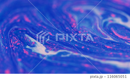 Glitter ink flow. Acrylic fluid. Defocused blue white pink color sparkling grain particles pigment swirl paint emulsion liquid mix wave abstract art background. Glitter ink flow. Acrylic fluid. Defocused blue white pink color sparkling grain particles pigment swirl paint emulsion liquid mix wave abstract art background. 116065051