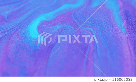 Liquid glitter texture. Sparkling paint. Blur neon purple blue color shimmering sand particles glow ink fluid acrylic dye pigment mix wave abstract art background. Liquid glitter texture. Sparkling paint. Blur neon purple blue color shimmering sand particles glow ink fluid acrylic dye pigment mix wave abstract art background. 116065052