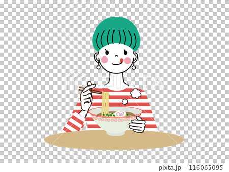 一位年輕女子微笑著吃著美味的拉麵 116065095