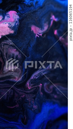 Glitter fluid spill. Ink blend. Defocused blue pink black color shimmering texture liquid acrylic emulsion flow wave dark abstract art background. 116065194