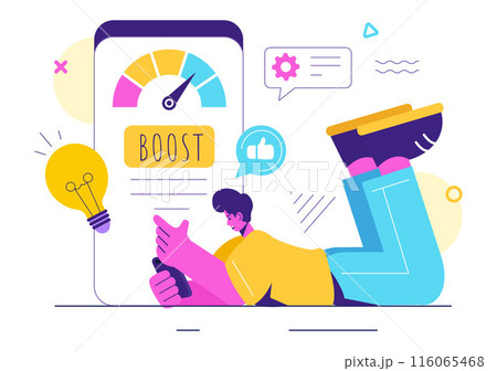 Business Boost Vector Illustration with a Digital Marketing Rocket, Company Career Success in Development and Profit Increase on a Flat Background 116065468