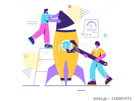 Business Boost Vector Illustration with a Digital Marketing Rocket, Company Career Success in Development and Profit Increase on a Flat Background Business Boost Vector Illustration with a Digital Marketing Rocket, Company Career Success in Development and Profit Increase on a Flat Background 116065471