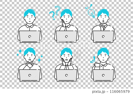 Variation illustrations of a man with a laptop and various facial expressions 116065979