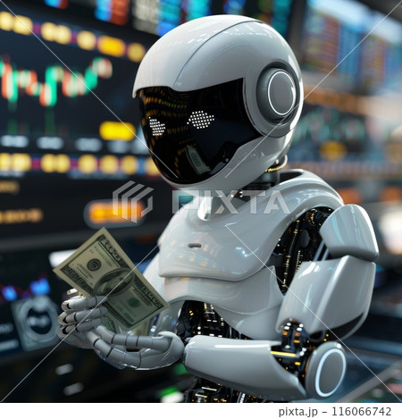 A robot is holding a money and stock chart on background A robot is holding a money and stock chart on background 116066742