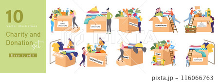 Diverse Group of People Volunteering and Donating Items for Charity in Various Situations. vector illustration Diverse Group of People Volunteering and Donating Items for Charity in Various Situations. vector illustration 116066763