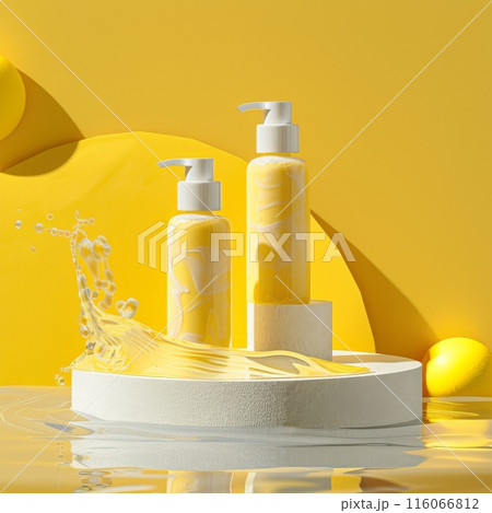 Three bottles of perfume are floating in a pool of water 116066812