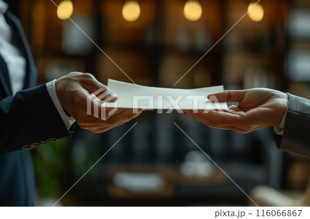 A man is handing a piece of paper to a woman 116066867
