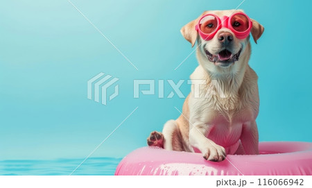 A dog wearing sunglasses and sitting on a red...のイラスト素材 [116066942] - PIXTA