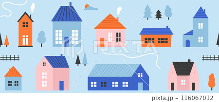Small cute house seamless pattern. Cartoon village town repeated texture. Doodle cozy tiny little cottages background. Repeating suburban town houses and trees wallpaper. Vector illustration 116067012