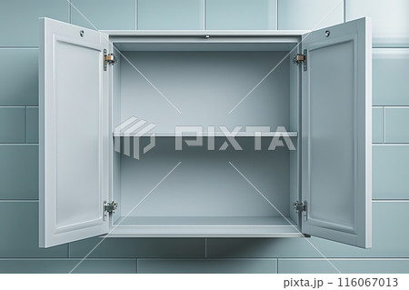 A blue cabinet with two open doors and a shelf inside 116067013