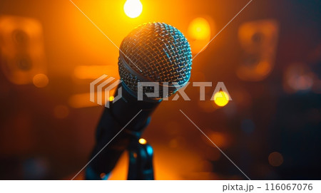 Microphone in the light stage background, broadcasting or podcasting banner 116067076