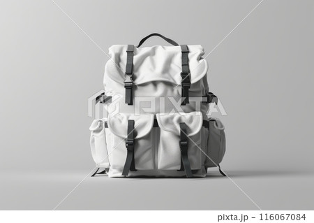 A white backpack with brown straps and a brown buckle 116067084