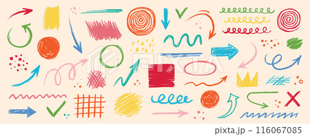 Arrow abstract brush line stroke color vector set. Kid color paint square, spiral, arrow element shape scribble line brush hand drawn sketch design. Grunge abstract chalk, crayon pencil style. Vector Arrow abstract brush line stroke color vector set. Kid color paint square, spiral, arrow element shape scribble line brush hand drawn sketch design. Grunge abstract chalk, crayon pencil style. Vector 116067085