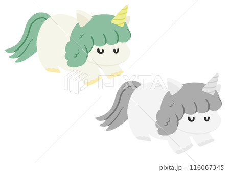 ゆるいかわいい手描きの緑のユニコーンのイラストのイラスト素材