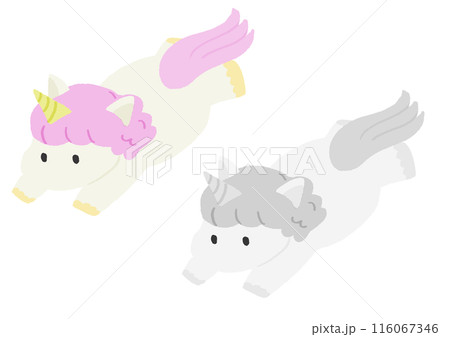 ゆるい手描きのかわいいピンクのユニコーンのイラストのイラスト素材