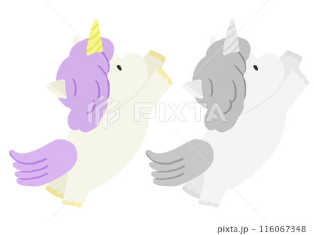 ゆるいかわいい手描きのむらさきのユニコーンのイラストのイラスト素材
