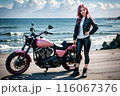 AI生成｜海岸沿いをツーリングする若くて可愛い女性イメージ｜バイクイメージ｜バイク女子イメージ 116067376