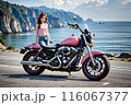 AI生成｜海岸沿いをツーリングする若くて可愛い女性イメージ｜バイクイメージ｜バイク女子イメージ 116067377