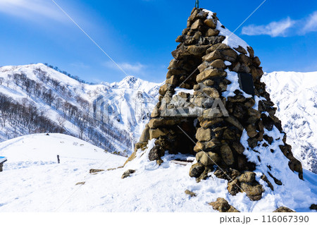 長野県白馬村　北アルプスの小遠見山　雪山登山　地蔵の頭と五竜岳（武田菱） 116067390