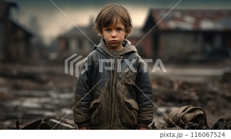 Young boy standing in the ruins of his home, devastated by an airstrike, looking lost and fearful Young boy standing in the ruins of his home, devastated by an airstrike, looking lost and fearful 116067524