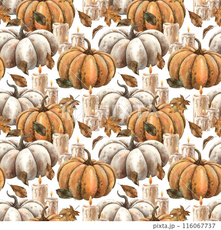Pattern of pumpkins, wax candles and autumn leaves. Hand drawn watercolor pattern on a white background. Suitable for design, cards or packaging for fall holidays, Thanksgiving, Halloween, witchcraft 116067737